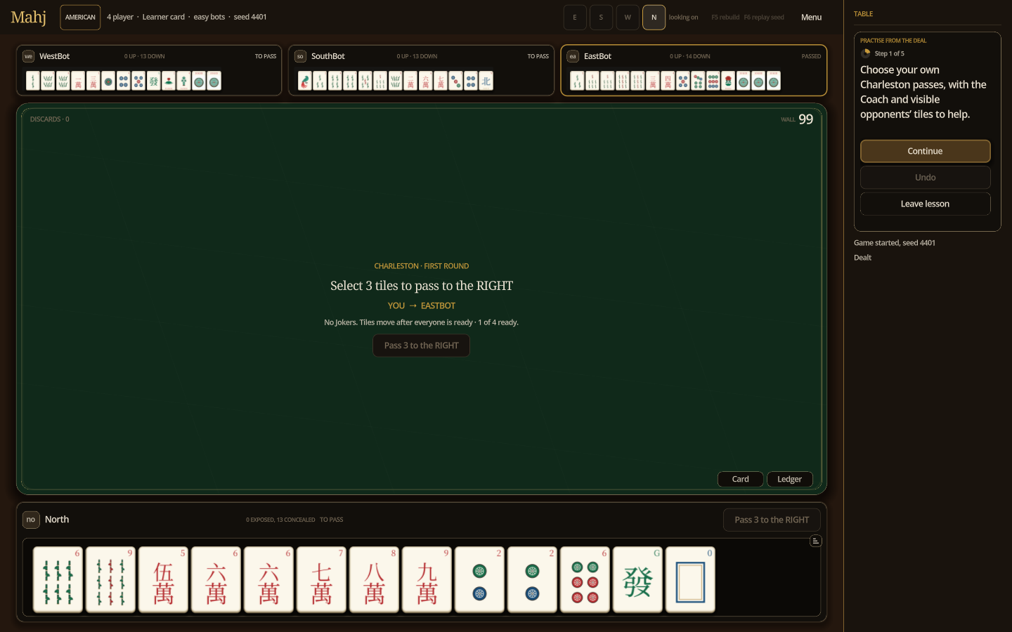 All racks are visible, so you can see how a pass changes each player's hand.