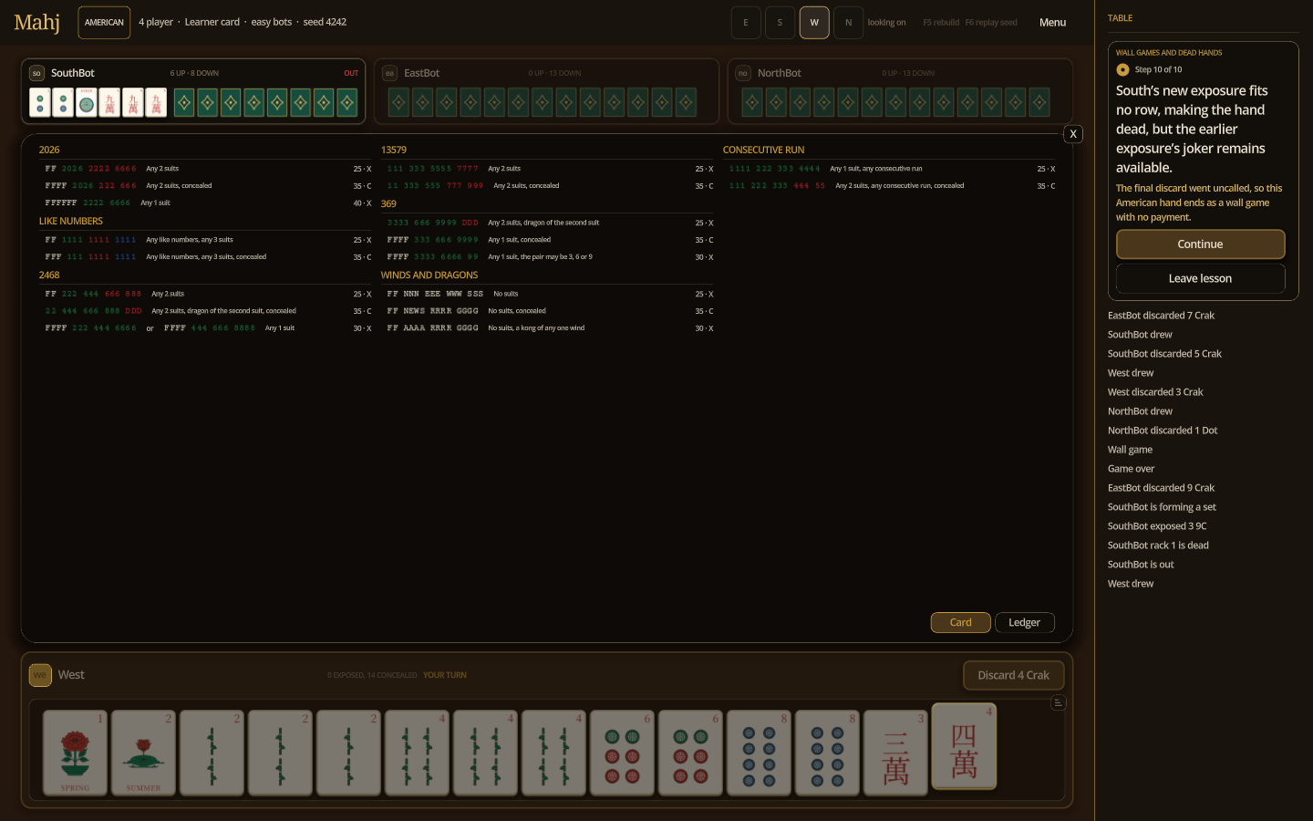 This exposed pung fits no Learner card row, so the hand is dead.