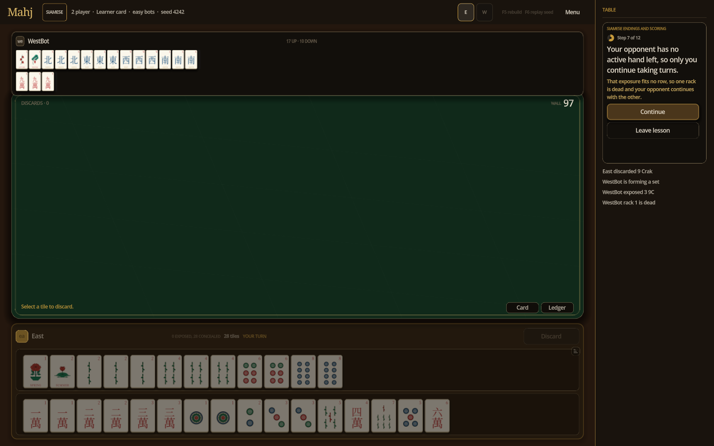One declared hand and one dead rack leave this player with no active hand.