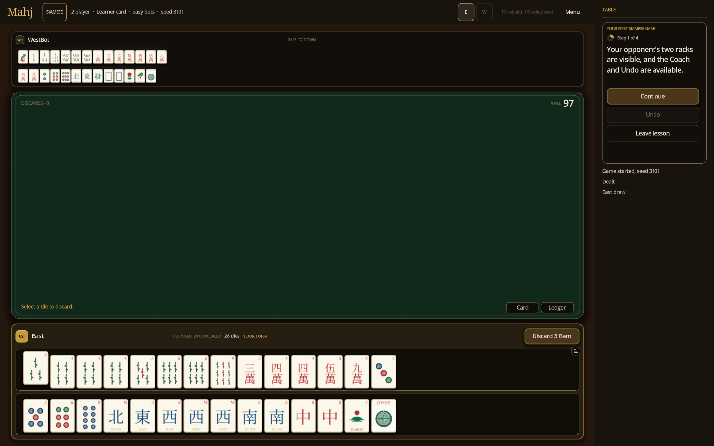 Your opponent's two racks are visible while you practise.
